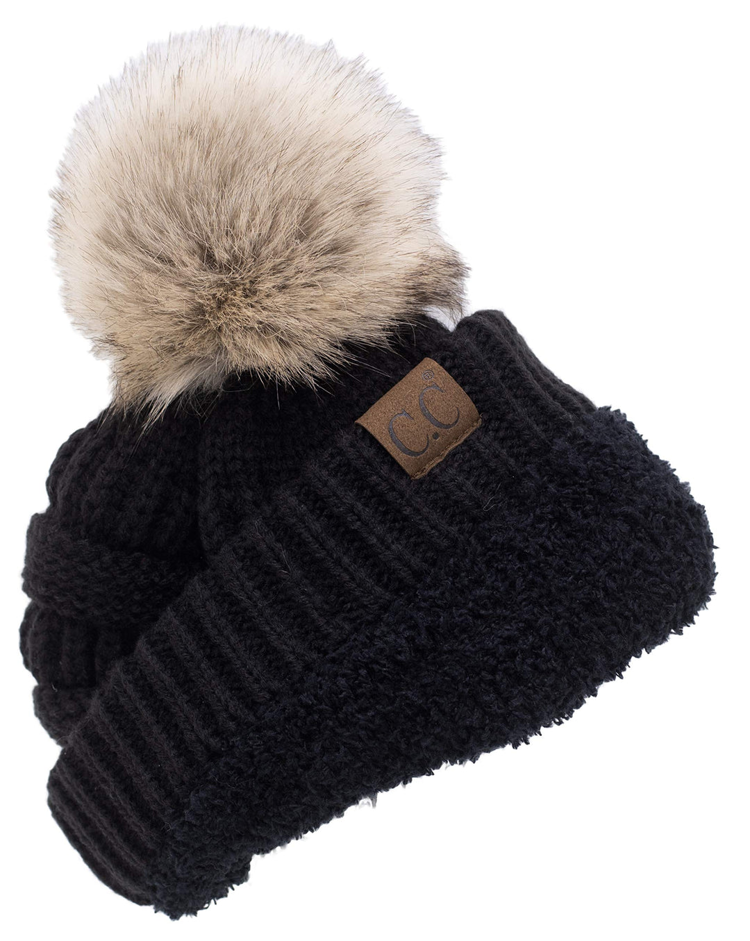 Trendy Fuzzy Sherpa Fleece Lined Warm Soft Stretch Cable Knit Faux Fur Pom Pom Skull Cap Cuff Beanie Hat, Black