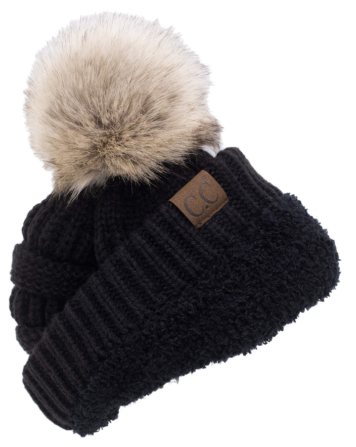 Trendy Fuzzy Sherpa Fleece Lined Warm Soft Stretch Cable Knit Faux Fur Pom Pom Skull Cap Cuff Beanie Hat, Black