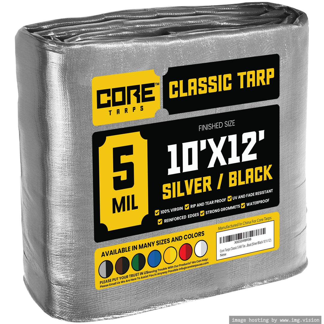 Classic 5 Mil Tarp Cover, Waterproof, UV Resistant, Rip and Tear Proof, Poly Tarpaulin with Reinforced Edges for Roof, Camping, Patio, Pool Cover, Boat (Silver/Black 10&#39; X 12&#39;)