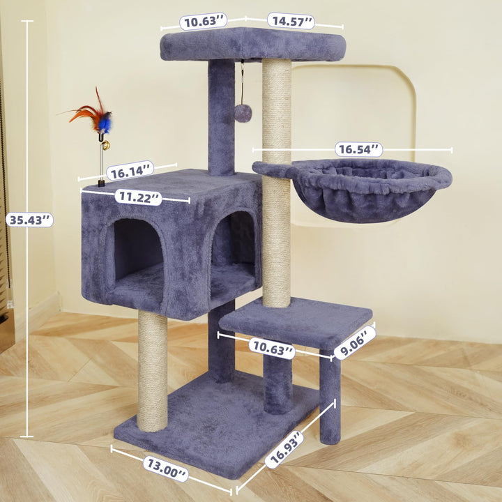 35.4&#39;&#39; Multifunction Cat Tree with Cozy Hammock &amp; Hanging Ball, Cat Tower with Activity Cat Condo &amp; Jute-Covered Scratching Posts, Grey