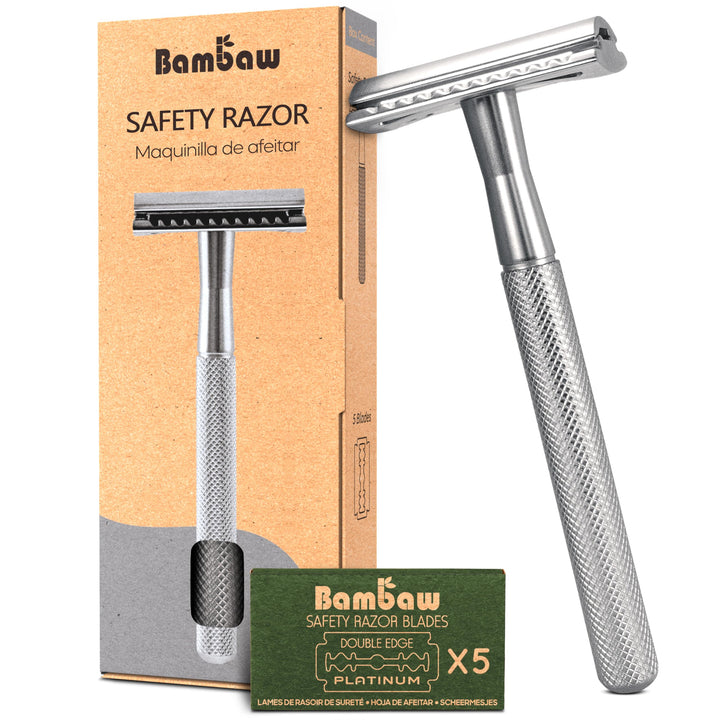 Double Edge Safety Razor for Men &amp; Women, Metal Razor with 5 Double Edge Safety Razor Blades, Eco-Friendly Razor – Silver