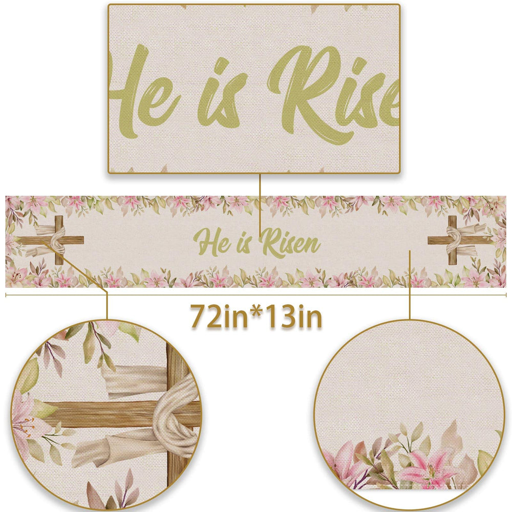 He is Risen Table Runner Easter Christian Cross Resurrection Lily Spring Holiday Party Kitchen Dining Home Decoration (13 x 72)