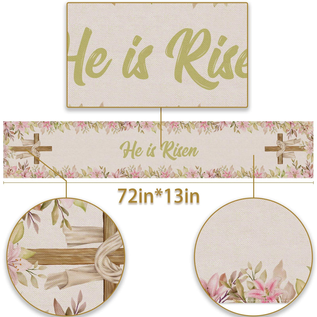 He is Risen Table Runner Easter Christian Cross Resurrection Lily Spring Holiday Party Kitchen Dining Home Decoration (13 x 72)