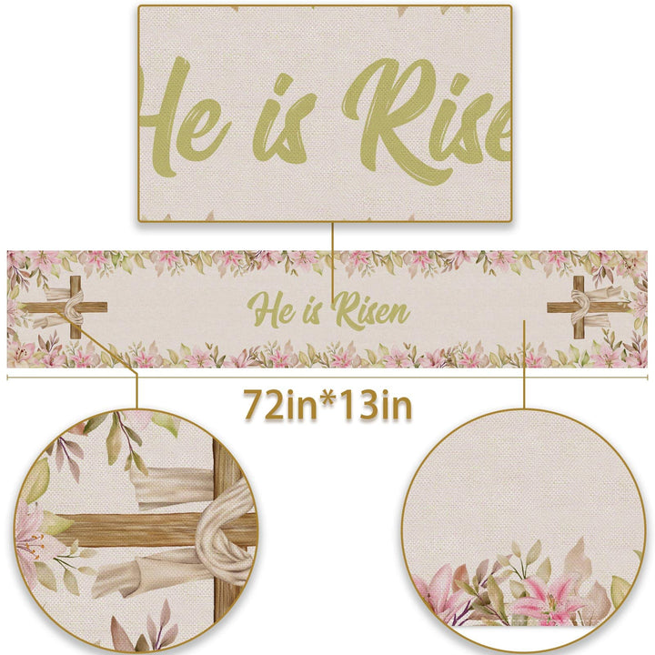 He is Risen Table Runner Easter Christian Cross Resurrection Lily Spring Holiday Party Kitchen Dining Home Decoration (13 x 72)