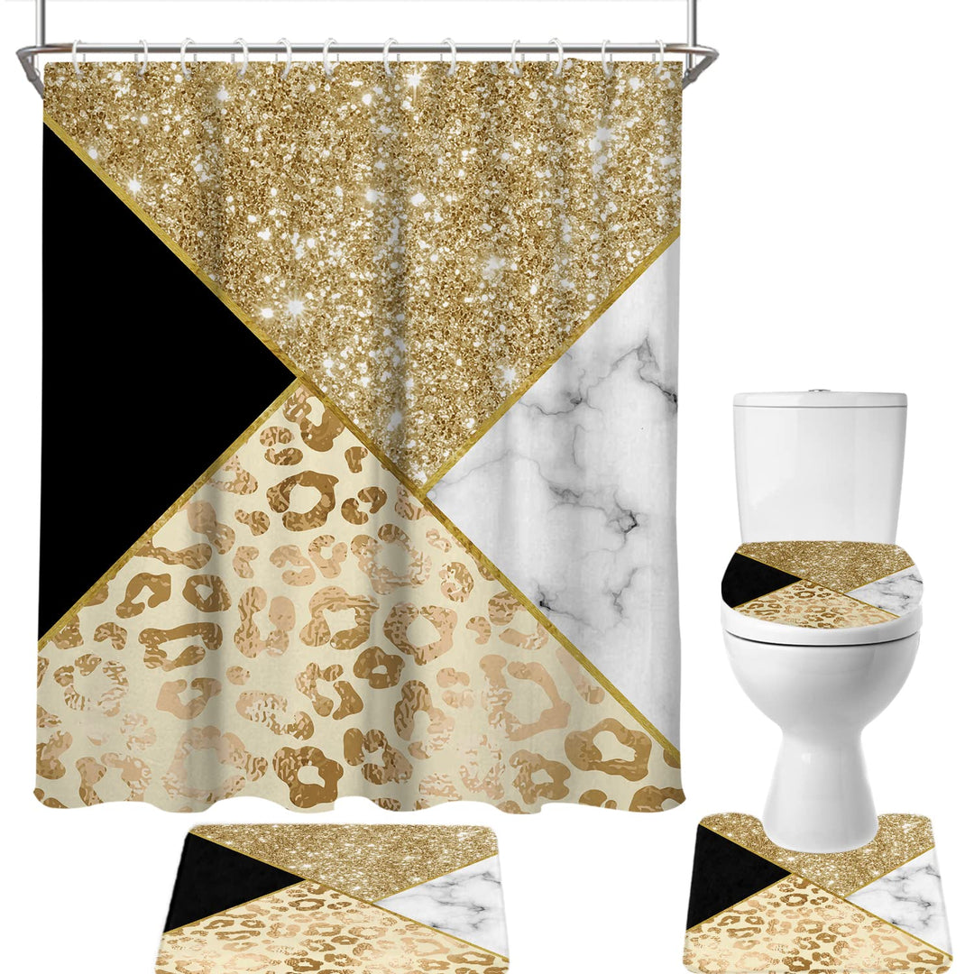 Atter Gold Leopard Marble Shower Curtain (No Glitter) Golden Geometric Polyester Fabric with Non-Slip Rug, Toilet Lid Cover and Bath Mat for Bathroom Set 4 Pcs (W60&#39;&#39;xH72&#39;&#39;) 12 Hooks Included