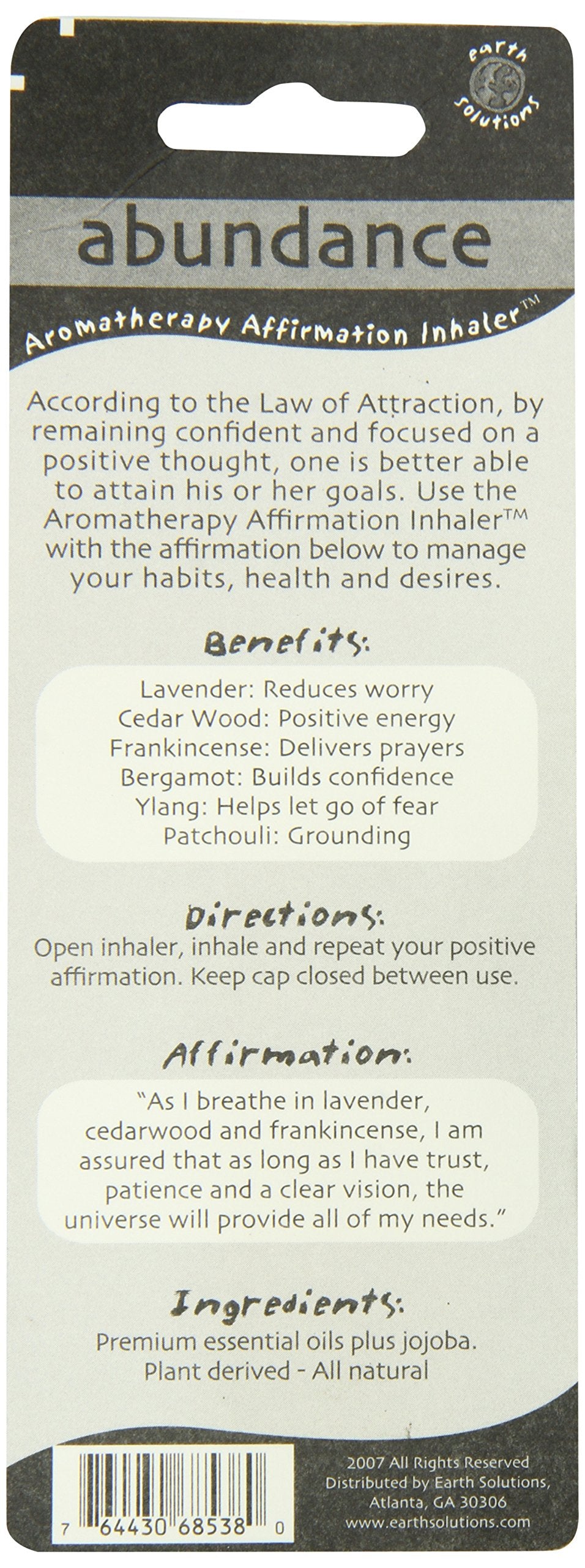 Earth Solutions Aromatherapy Scent Inhaler Abundance AD