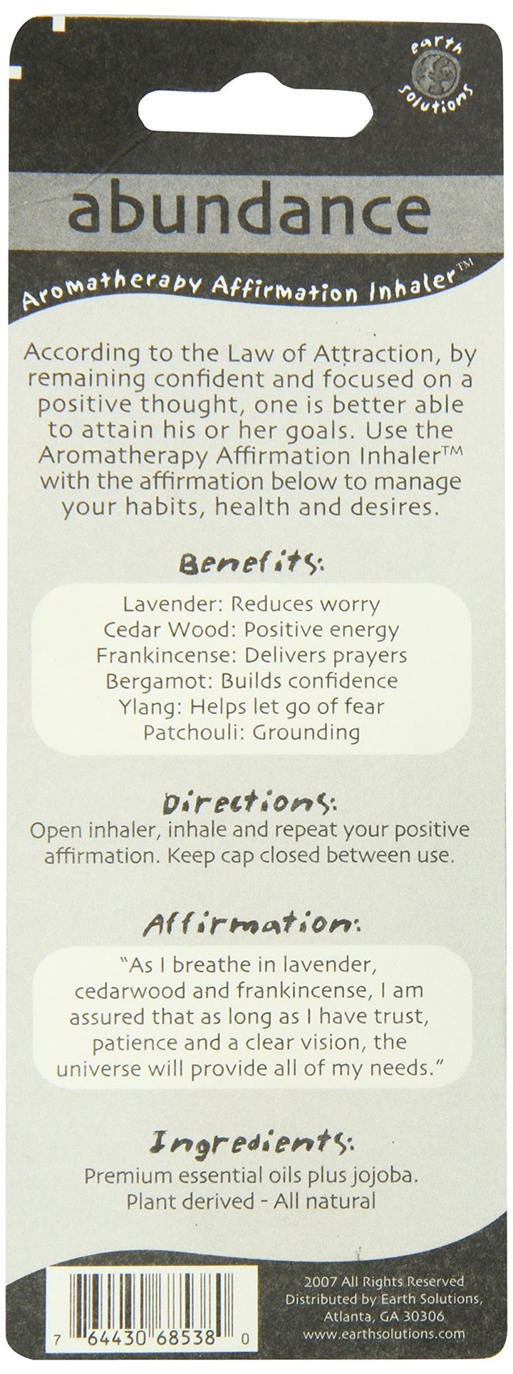 Earth Solutions Aromatherapy Scent Inhaler Abundance AD