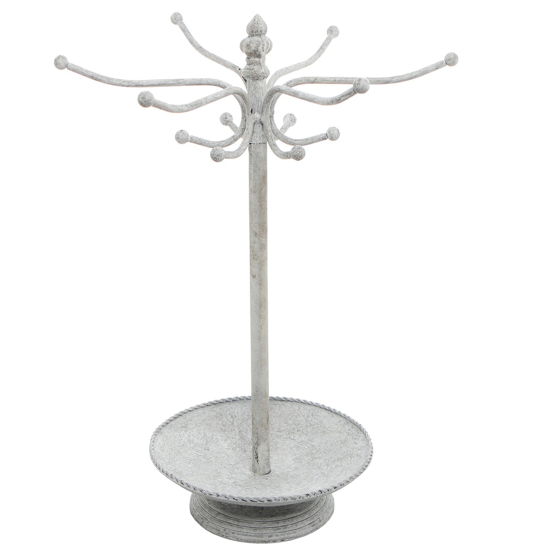 Vintage White Metal Necklace and Bracelet Organizer Jewelry Stand with 12 Hooks and Ring Dish Tray, Multipurpose Accessory and Keychain Holder Display Rack