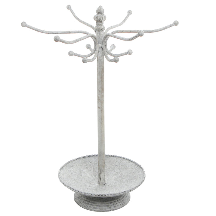 Vintage White Metal Necklace and Bracelet Organizer Jewelry Stand with 12 Hooks and Ring Dish Tray, Multipurpose Accessory and Keychain Holder Display Rack