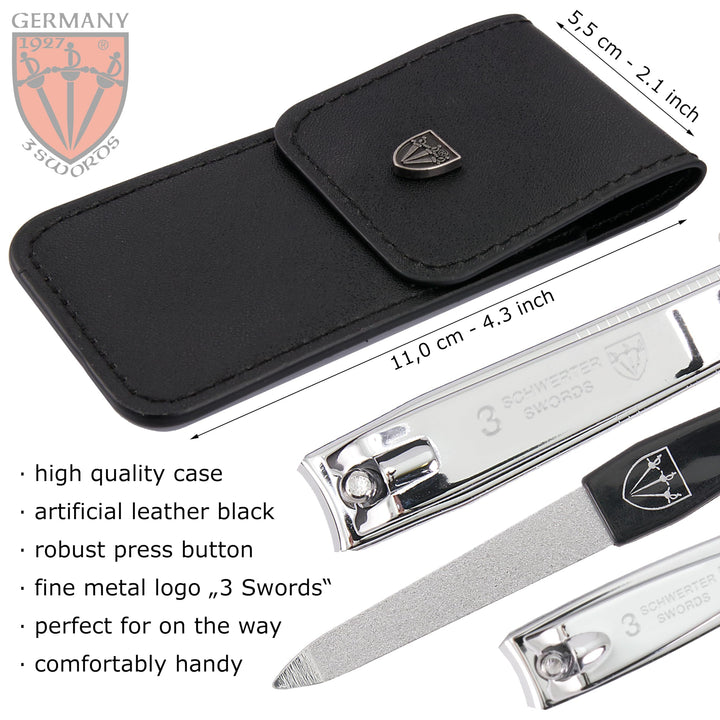 3 Swords Germany – Brand Quality fingernail & toenail Clipper, Manicure, Pedicure Nail Care by with Metal Nail File and case, Silver Color Edition