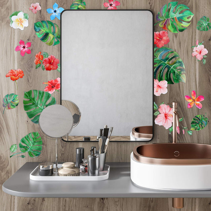 66 Pieces Large Palm Leaves Wall Decals Tropical Hibiscus Flower Peel Removable Stickers Green Plants Fresh Leaves Stickers for DIY Bedroom Living Room Office Bathroom Wall Corner