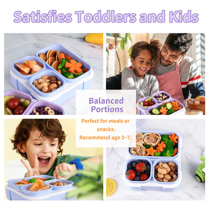 Bento Box for Kids, Kids Lunch Box with 3 Removable Compartments, Toddler Lunch Box for Daycare, School, Ideal Portion Size for Ages 3 to 7 BPA-Free Dishwasher Safe-Green - Purple