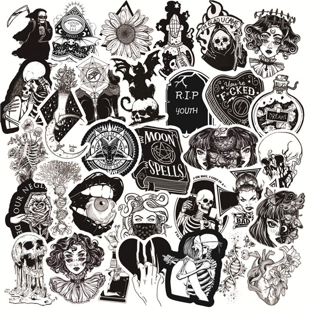 150 PCS Cool Gothic Stickers for Water Bottle Laptop Skateboard Notebook,Black White Skull Stickers for Teens Kids Girls Boys Adults,Trendy Waterproof Decals for Phone Computer Car Bicycle