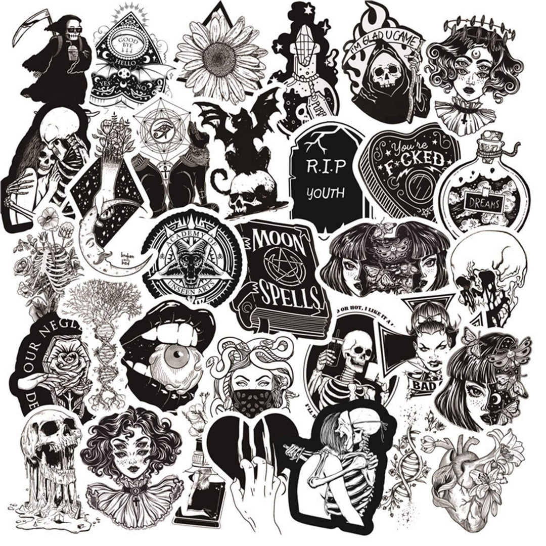 150 PCS Cool Gothic Stickers for Water Bottle Laptop Skateboard Notebook,Black White Skull Stickers for Teens Kids Girls Boys Adults,Trendy Waterproof Decals for Phone Computer Car Bicycle