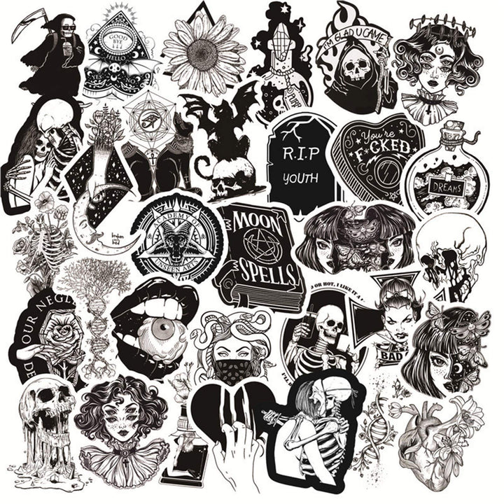 150 PCS Cool Gothic Stickers for Water Bottle Laptop Skateboard Notebook,Black White Skull Stickers for Teens Kids Girls Boys Adults,Trendy Waterproof Decals for Phone Computer Car Bicycle