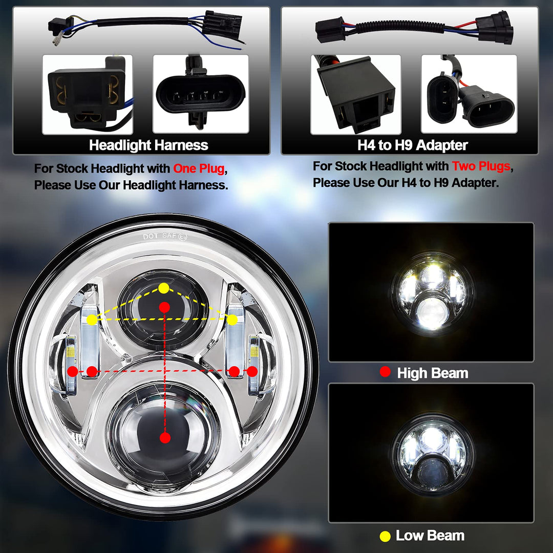 7 inch Motorcycle LED Headlight 4.5 Fog Passing Lights DOT Kit Compatible with Harley Davidson Fat Boy Street Glide Heritage Softail Road King Switchback Electra Glide Ultra Classic Chrome