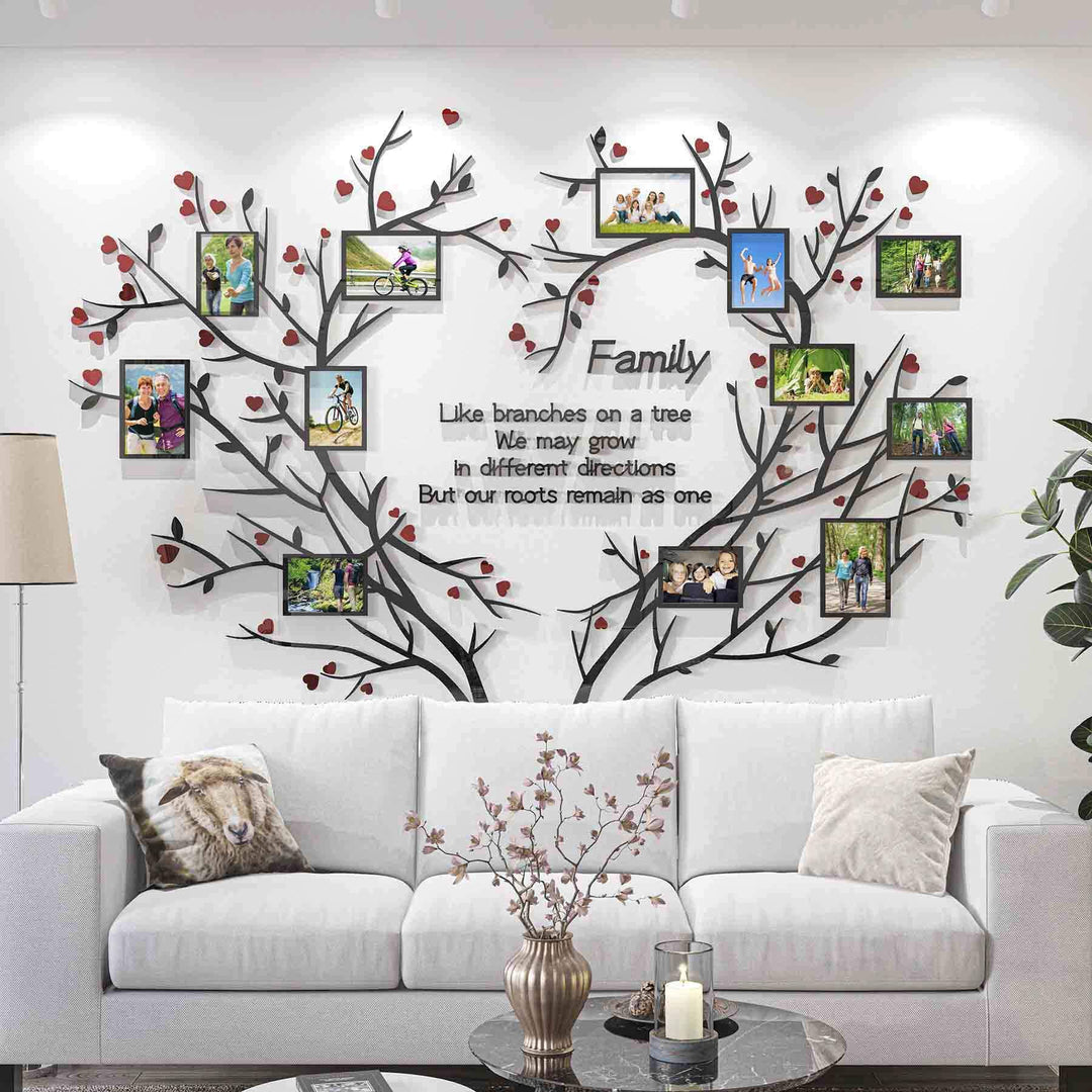 Love Family Tree Wall Decor Picture Frame Collage Removable 3D DIY Acrylic Wall Stickers for Living Room with Red Heart and Quote Family Like Branches on a Tree