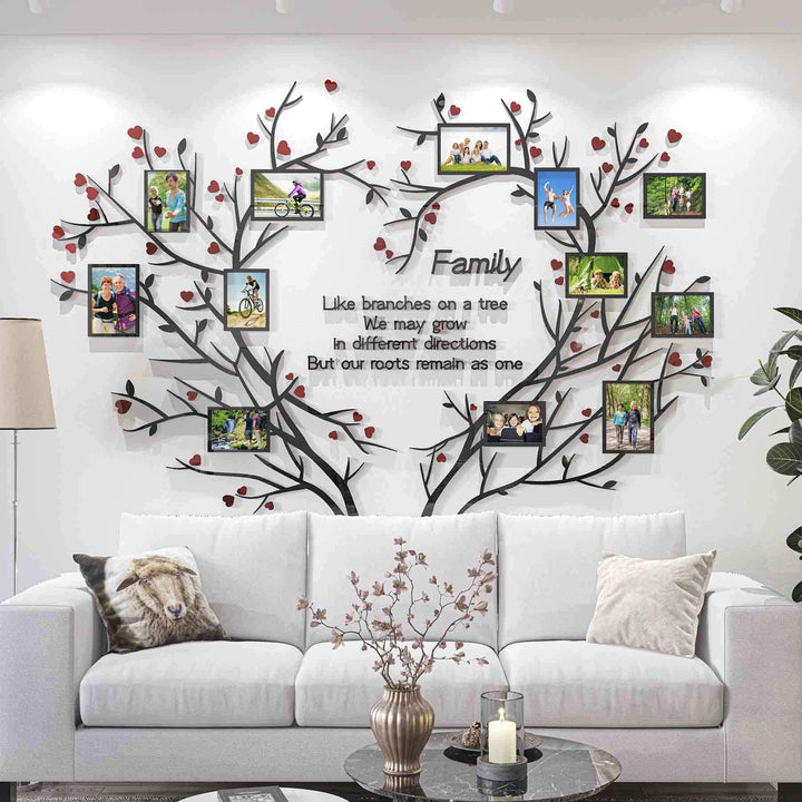 Love Family Tree Wall Decor Picture Frame Collage Removable 3D DIY Acrylic Wall Stickers for Living Room with Red Heart and Quote Family Like Branches on a Tree
