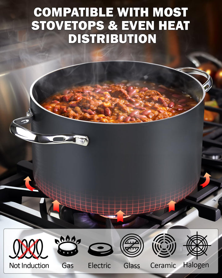 Stock Pot Dutch Oven Casserole with Glass Lid, 7-Quart Classic Hard Anodized Nonstick Stockpot, Black