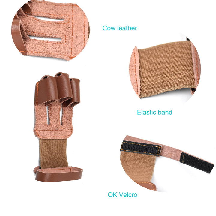 Leather Archery Hand Glove Finger Tab Hand Guard Protector Long Bow for Right Hand 3 Fingers Brown