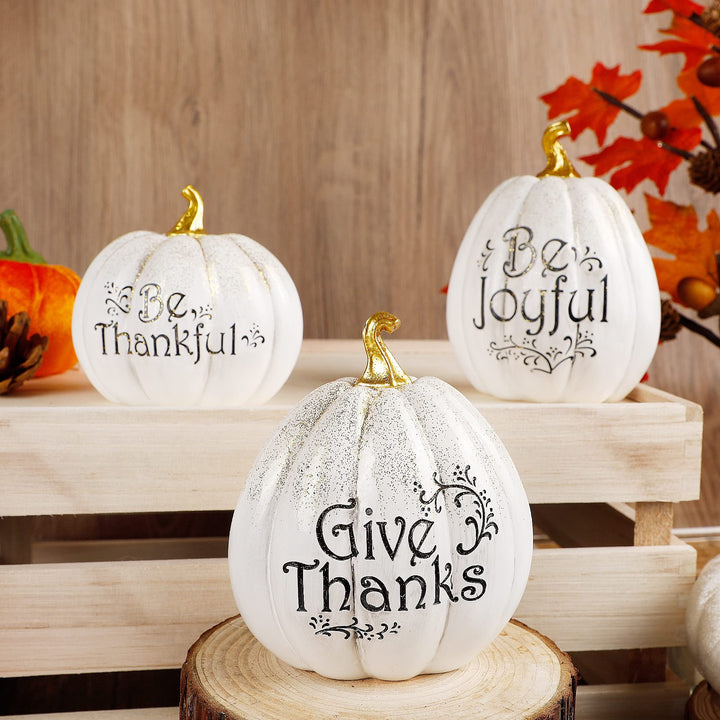 Thanksgiving Tabletop Decorations, Set of 3 Resin Pumpkins Seasonal Fall Autumn Centerpieces for Table Room Kitchen Office (White)