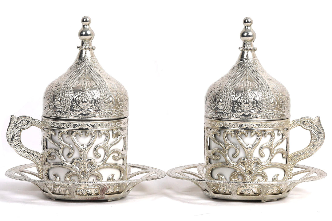 Kuchengerate 2pcs Turkish Greek Arabic Moroccan Coffee Cups - Espresso Cup with Inner Porcelain Metal Holder Plate and Lid - 2 Cups Consists of 8 Pcs (Z-Silver)