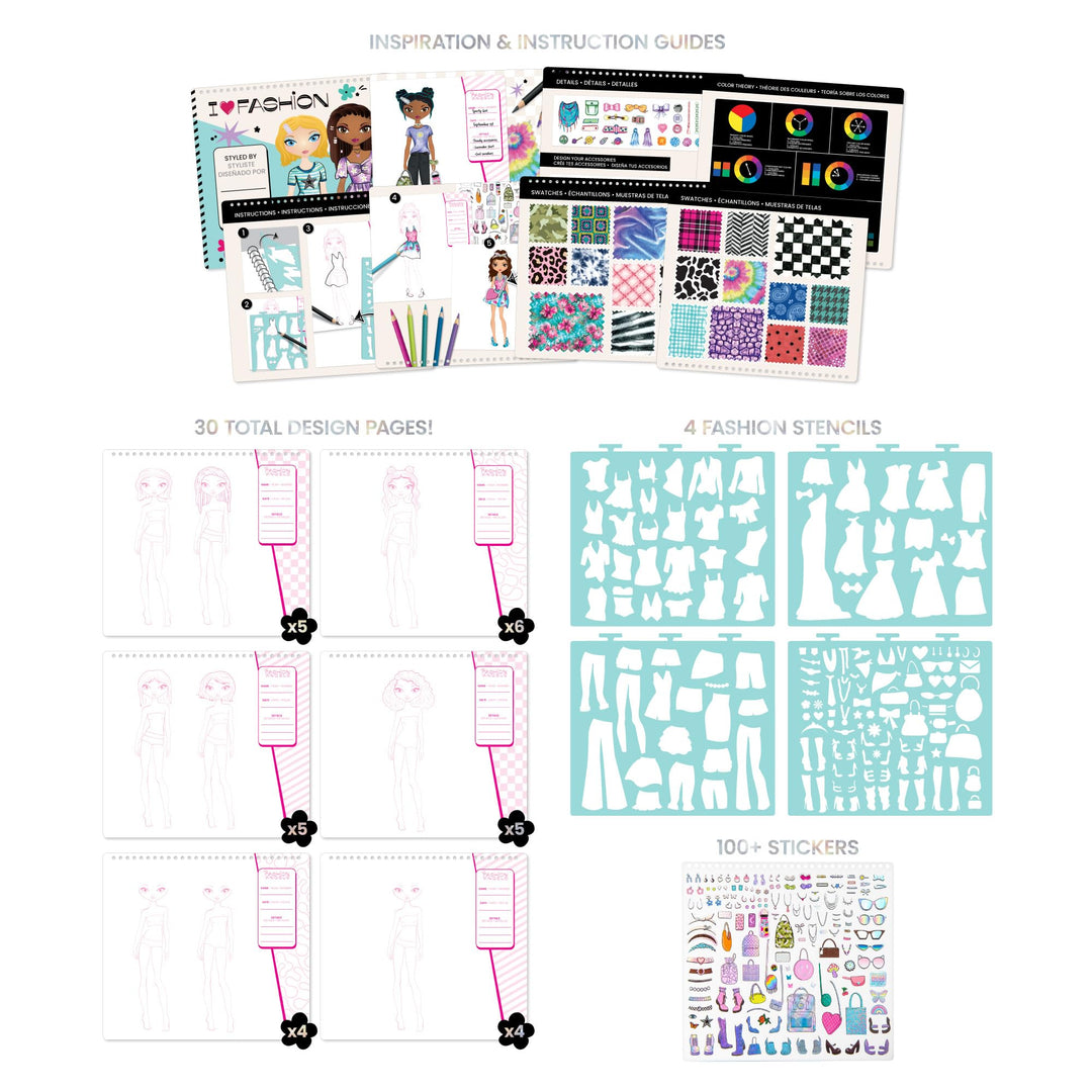 Fashion Design Sketch Portfolio - Sketch Book for Beginners, Sketch Pad with Stencils and Stickers for Kids 6 and Up, Brown(Covers May Vary)