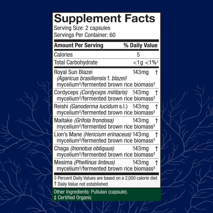 Stamets 7-7 Species Blend - Mushroom Supplement for Immune Support - Includes Royal Sun Blazei, Cordyceps, Reishi, Maitake, Lion&#39;s Mane, Chaga &amp; Mesima - 120 Capsules (60 Servings)*