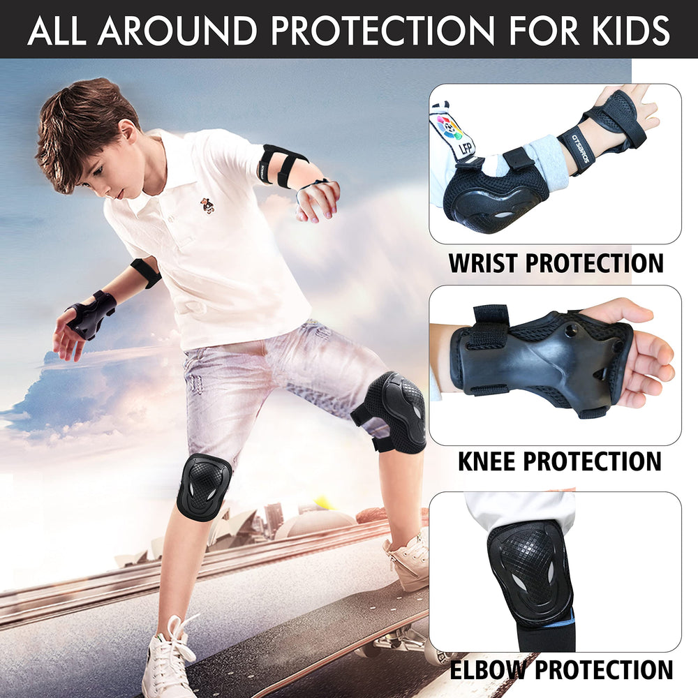 Knee Pads for Kids Knee Pads and Elbow Pads 6 in 1 Protective Gear Set with Wrist Guard for Boys Girls Skateboarding Inline Roller Skating Cycling Scooter(Black)