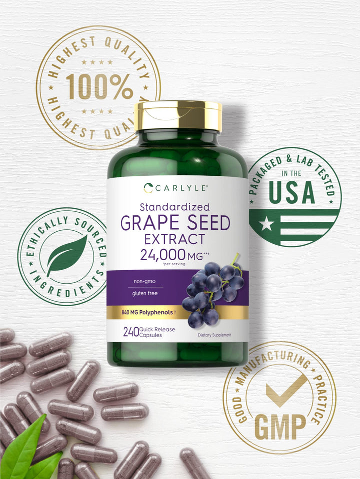 Carlyle Grape Seed Extract 24,000 mg Equivalent 240 Capsules | Maximum Strength Standardized Extract | Non-GMO, Gluten Free