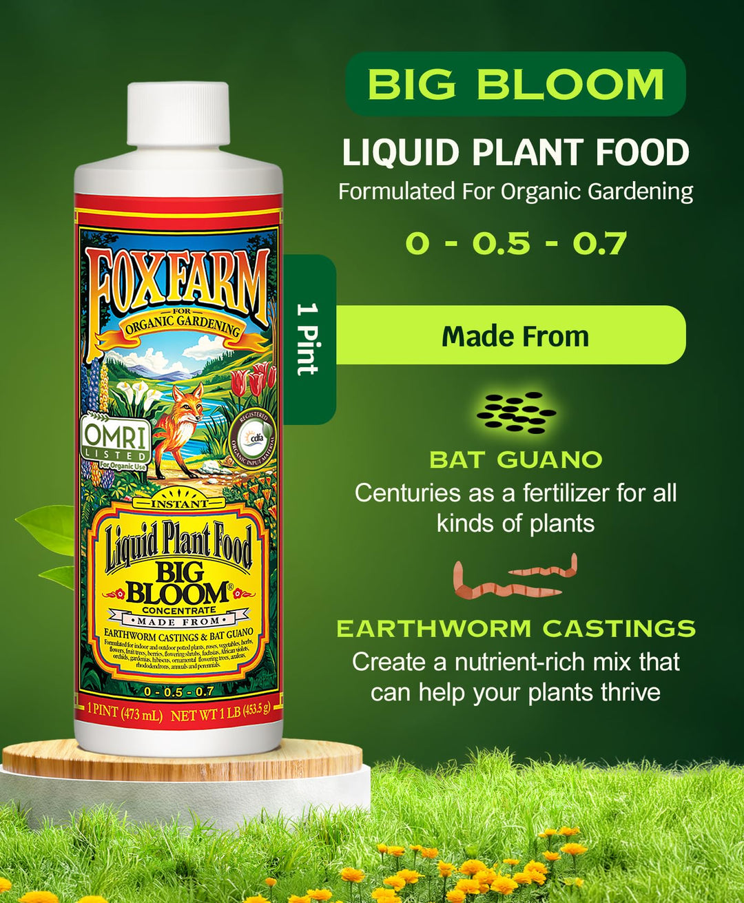 - Big Bloom Plant Food, Liquid Fertilizer Concentrate for Flowers, Fruits, and Vegetables, All Purpose Plant Fertilizer for Indoor &amp; Outdoor Potted Plants, NPK 0.01-0.03-0.7 (Pint)