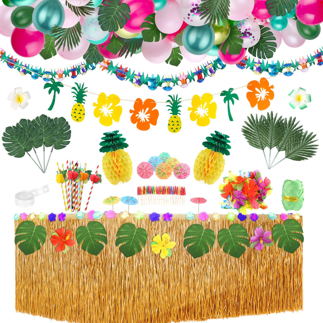 120 Pieces 12 Kinds Tropical Party Decoration Set, Include Hawaiian Table Skirt, Green Pink Balloons, Palm Leaf and Tropical Flowers for Summer Theme Baby Shower Birthday Luau Party Supplies