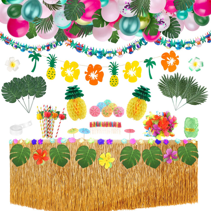 120 Pieces 12 Kinds Tropical Party Decoration Set, Include Hawaiian Table Skirt, Green Pink Balloons, Palm Leaf and Tropical Flowers for Summer Theme Baby Shower Birthday Luau Party Supplies