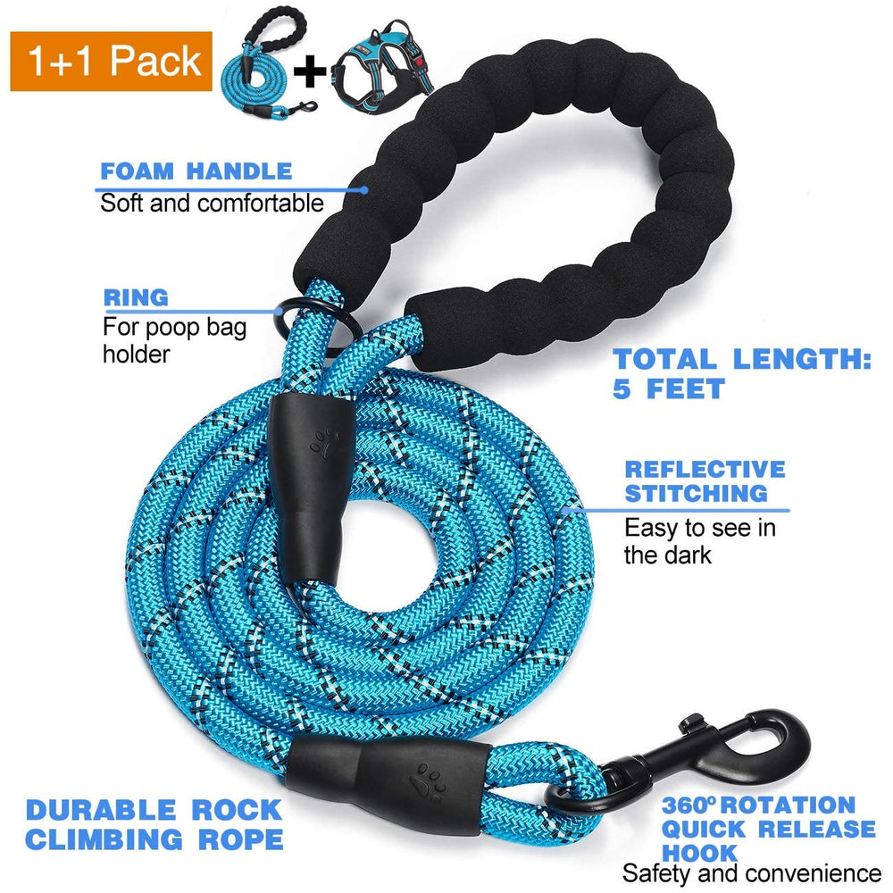 No Pull Dog Harness Adjustable Reflective Oxford Easy Control Medium Large Dog Harness with A Free Heavy Duty 5ft Dog Leash (L (Neck: 18-25.5, Chest: 24.5-33), Blue Harness+Leash)