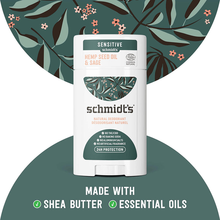 Schmidt&#39;s Aluminum Free Natural Deodorant for Women and Men, Hemp Seed Oil and Sage for Sensitive Skin with 24 Hour Odor Protection, Certified Cruelty Free, Vegan Deodorant, 3.25 oz,vetiver,sage,WHITE
