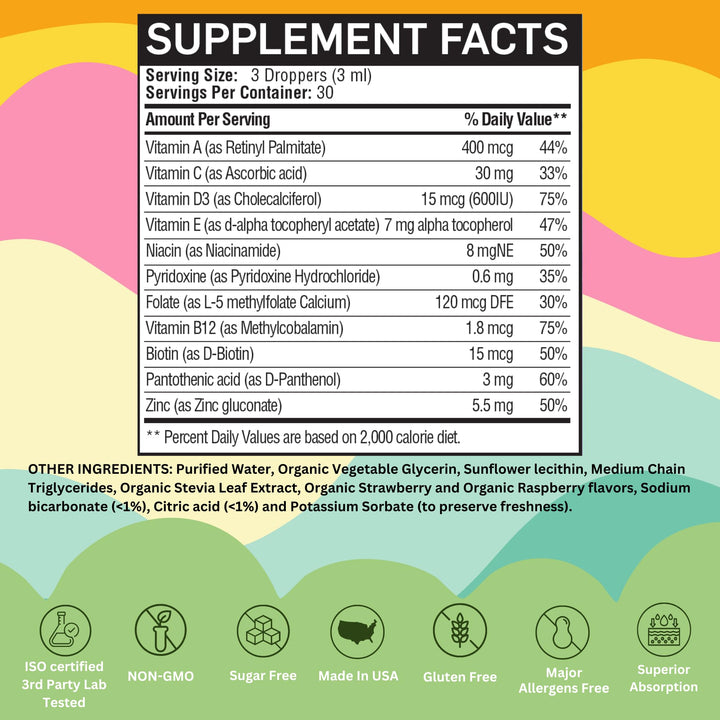Liposomal Kids Liquid Multivitamin | Non-GMO | Clean | Sugar Free | Gluten Free | Organic Berry Flavors | Immune Support | Bone Health | Overall Wellness | 30 Servings | 3 fl oz