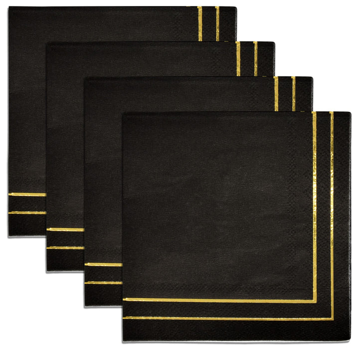 100 Gold and Black Cocktail Beverage Napkins 3 Ply Metallic Gold Foil Trim Stripe Disposable Paper Dessert Napkin for Wedding Holiday Baby Shower Graduation Party Supplies Decorations