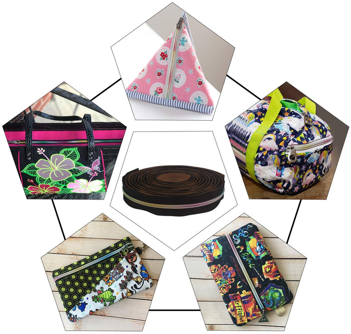 VOC Zippers for Sewing,5# Zippers-Nylon Coil Zippers by The Yard,Rainbow Teeth Multicolor 10 Yard with 20PCS White Gold Zipper Slider for Tailor Crafts (Black+Khaki Tape)