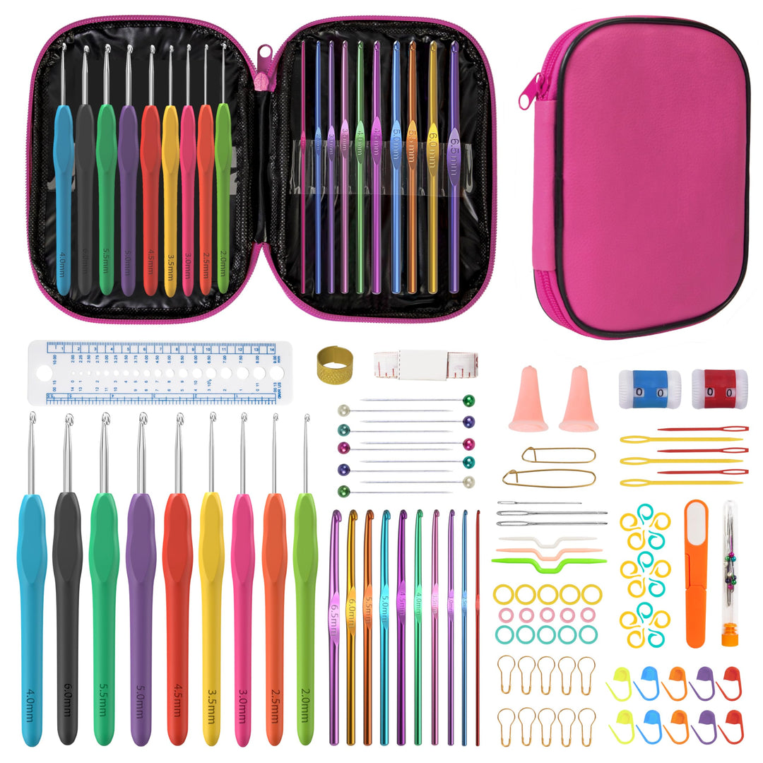 109Pcs Crochet Hooks Set, Knitting Supplies Crochet Kit for Beginners with Case, Multicolor Aluminum Ergonomic Yarn Knitting Needles Sewing Tools Crochet Accessories