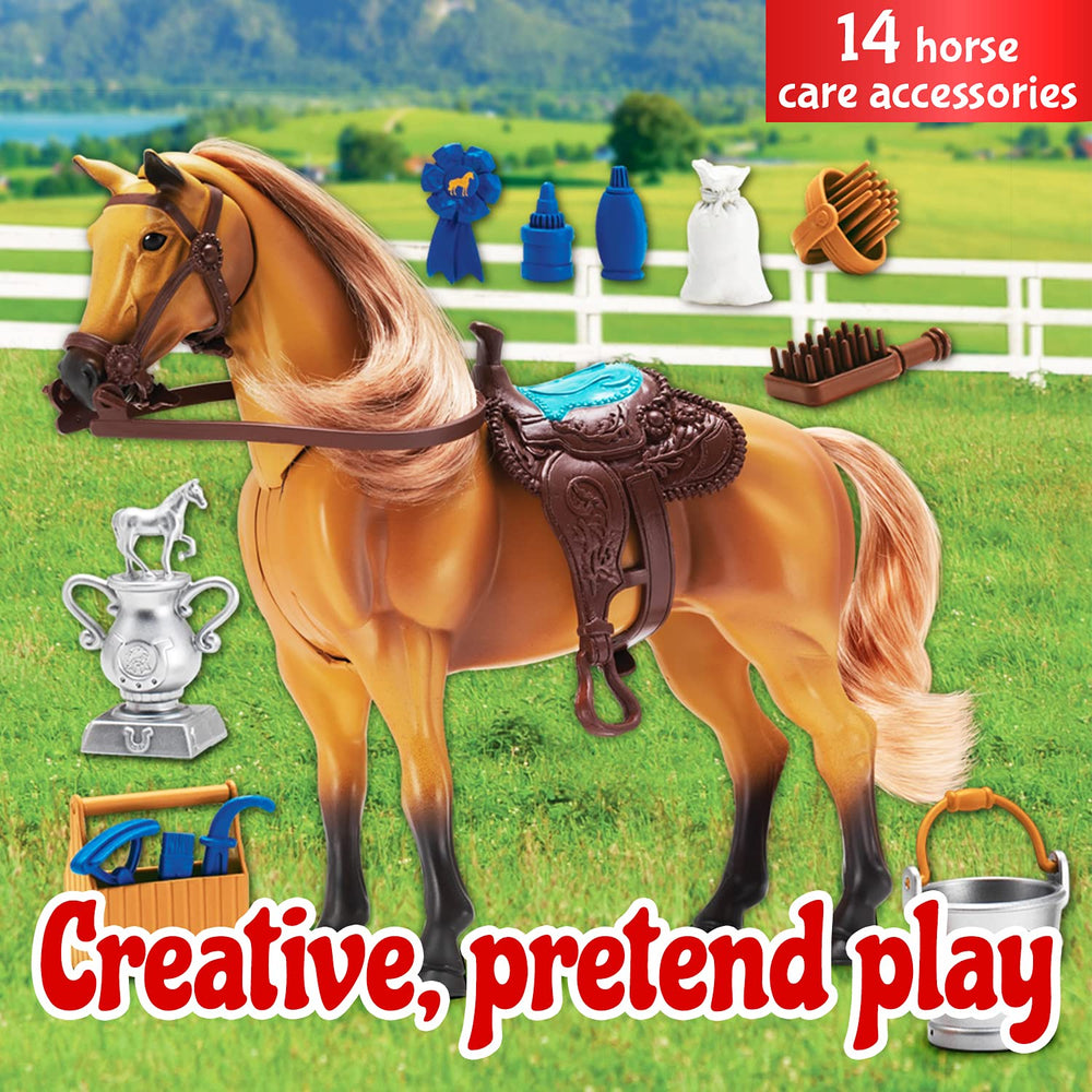 | Quarter Horse with Moveable Head, Realistic Sound and 14 Grooming Accessories | Blue Ribbon Champions Deluxe Toy Horses