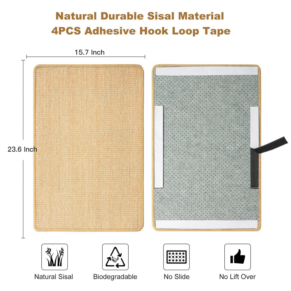 Cat Scratch Pad, 23.6 X 15.7In Cat Scratching Pad with Adhesive Hook Tape, Sisal Scratching Pads for Indoor Cats, Stick on Floor Couch as Cat Scratch Furniture Protector, Cat Wall Scratcher