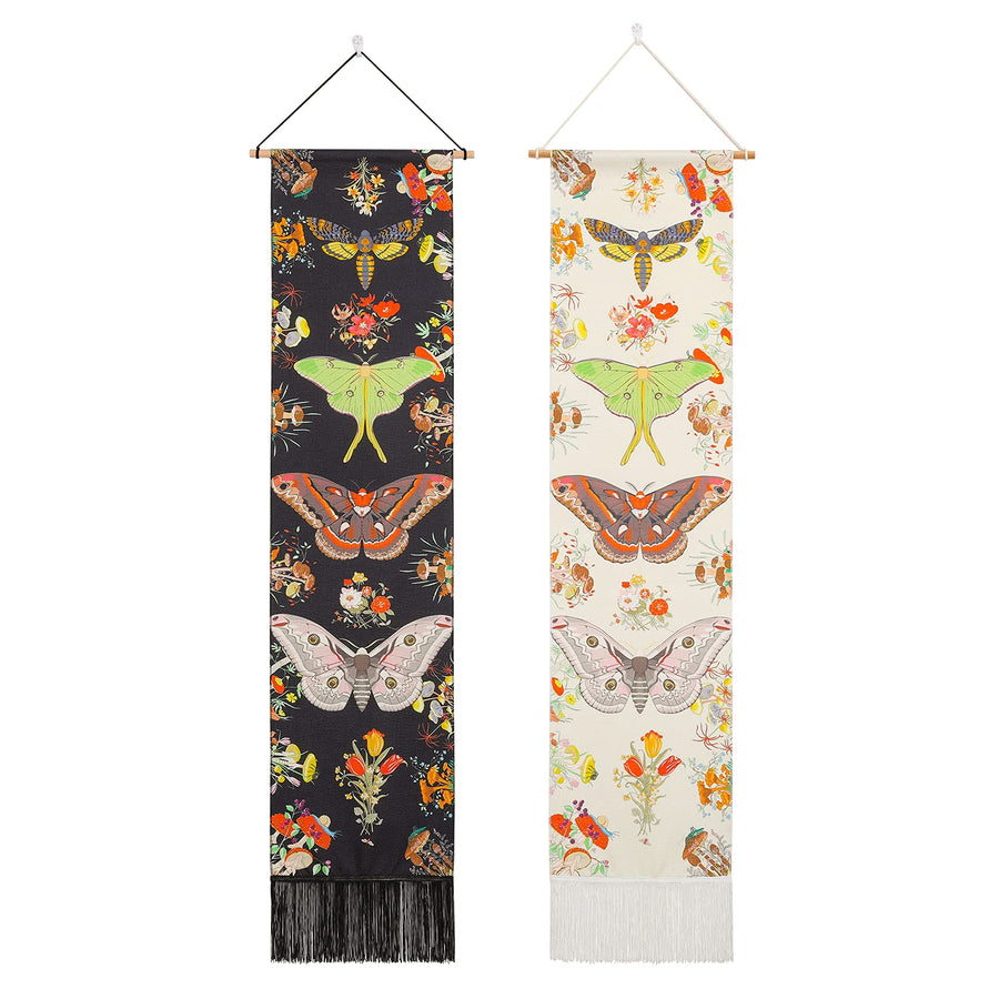 Butterfly and Plant Long Vertical Tapestry - 2 Pcs Small Wall Hanging Flower Tapestry for Bedroom Living Room Aesthetic Decor(Black and Beige,13.8 x 55.1)