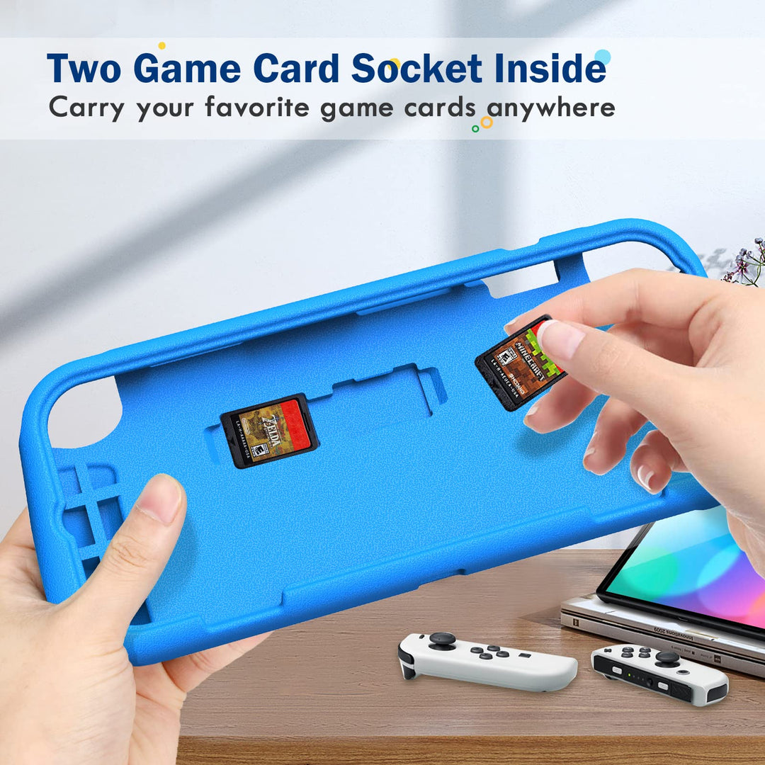 Kids Case for Nintendo Switch OLED Model 2021 with 2 Game Card Slots - [Kids Friendly] Ultralight Shockproof Protective Cover, Ergonomic Grip Case for Switch OLED Model Console 7.0 (Blue)