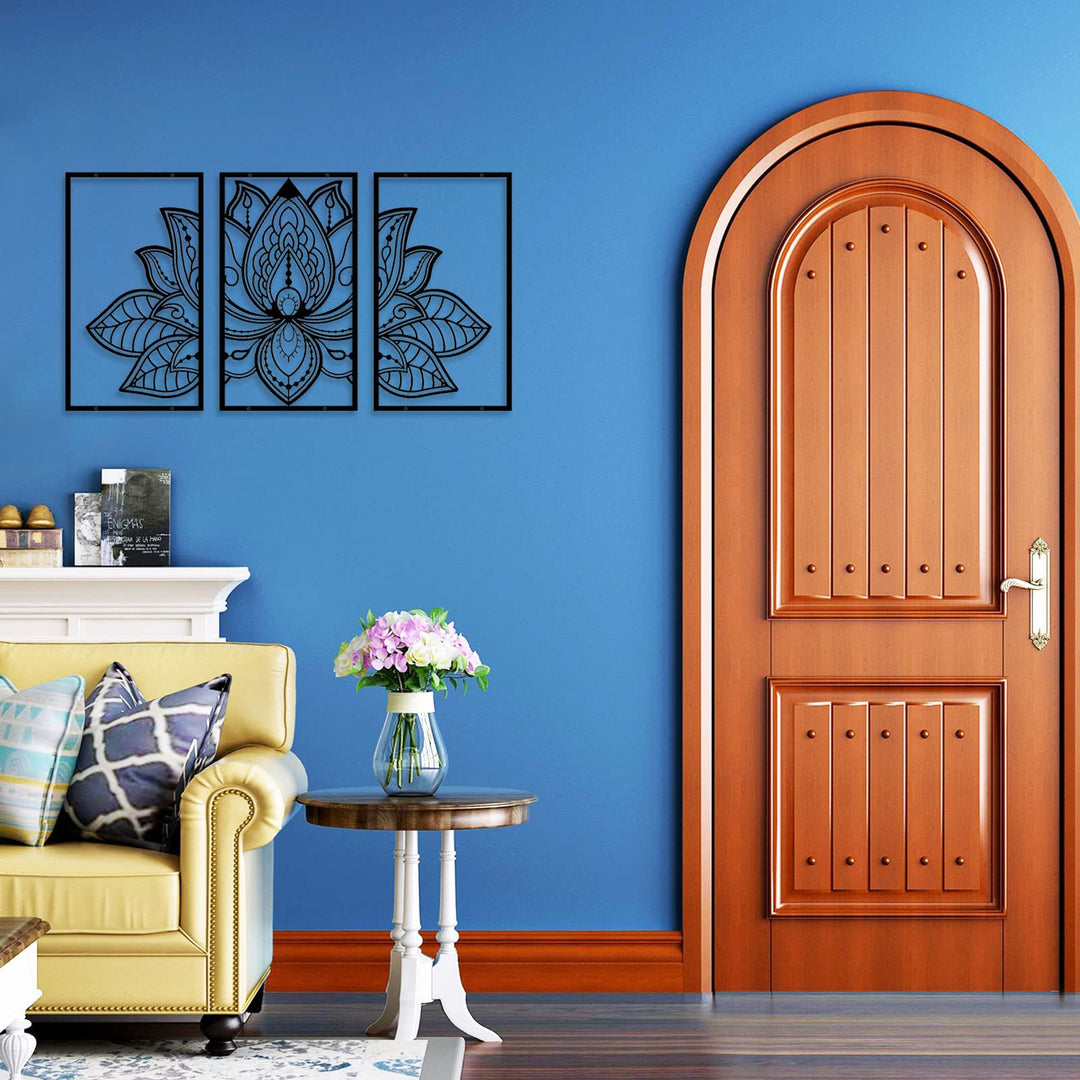 Large Lotus Flower Metal Wall Art 3-piece Set, Religion Faith Mandala Home Wall Decoration for Living Room, Bedroom, Office and Yoga Room