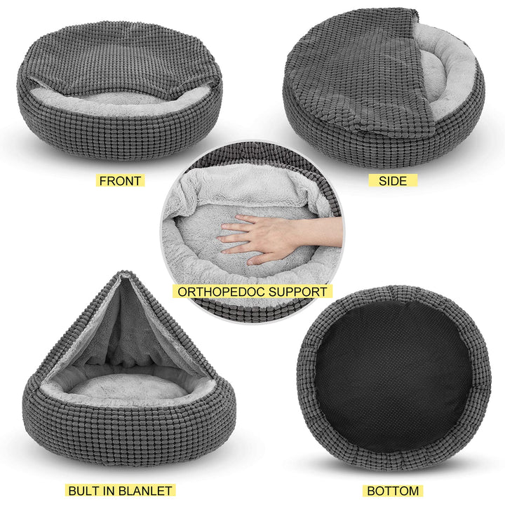 Small Dog Bed with Attached Blanket, Cozy Donut Cuddler Anti-Anxiety Hooded Pet Beds Calming Cave Bed. Orthopedic Round Puppy Beds for Dogs or Cats Washable, Anti-Slip Bottom, 23inch