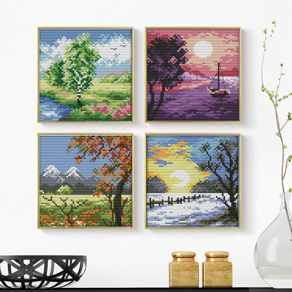 Cross Stitch Stamped Kits for Adults 4 Pack Scenery Pattern 11CT Printed Cross Stitch Kits for Beginner Prestamped Easy Needlepoint Kits Crafts for Decor 7.9x7.9 inch