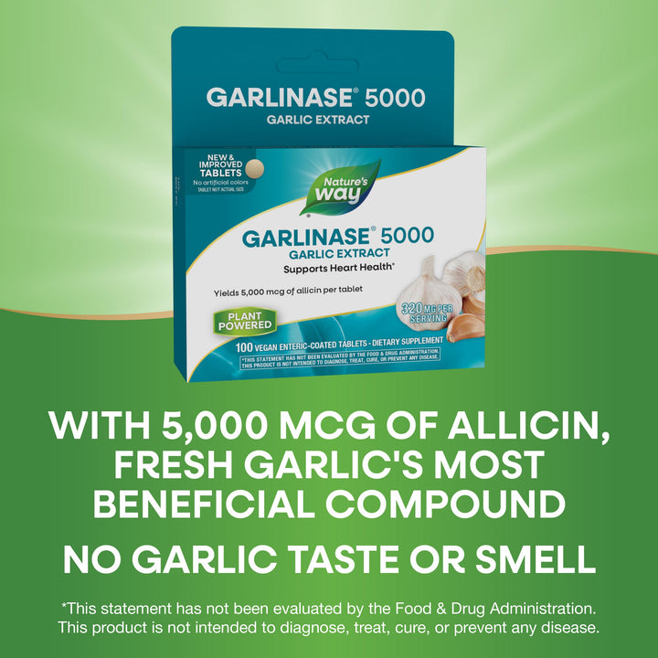 Nature&#39;s Way Garlinase 5000, Garlic Extract, Supports Heart Health*, Odor-Free, Vegan, 100 Tablets (Packaging May Vary)