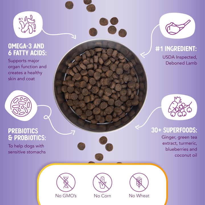 Lamb &amp; Brown Rice Dry Dog Food (15 lb / 6.8 kg) - Nutritious Free-Range Lamb Formula with Probiotics, Antioxidants &amp; Omega 3 for Dogs with Sensitive Digestion