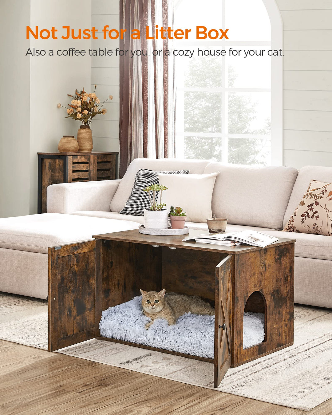 Cat Litter Box Enclosure, Litter Box Furniture Hidden with Removable Divider, Indoor Cat House, End Table, 31.5 x 20.9 x 19.7 Inches, Rustic Brown UPCL002X01