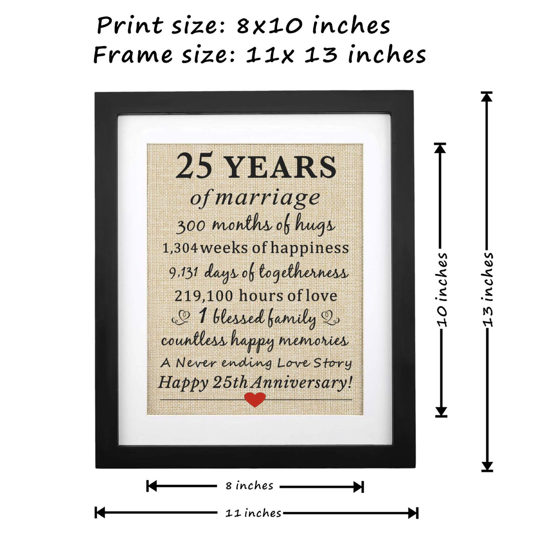 Framed 25th Wedding Anniversary Burlap Gift 11 W X 13 H, Happy 25th Anniversary for Wife Husband 25th Wedding Anniversary Decorations Gifts for Parents 25th Anniversary